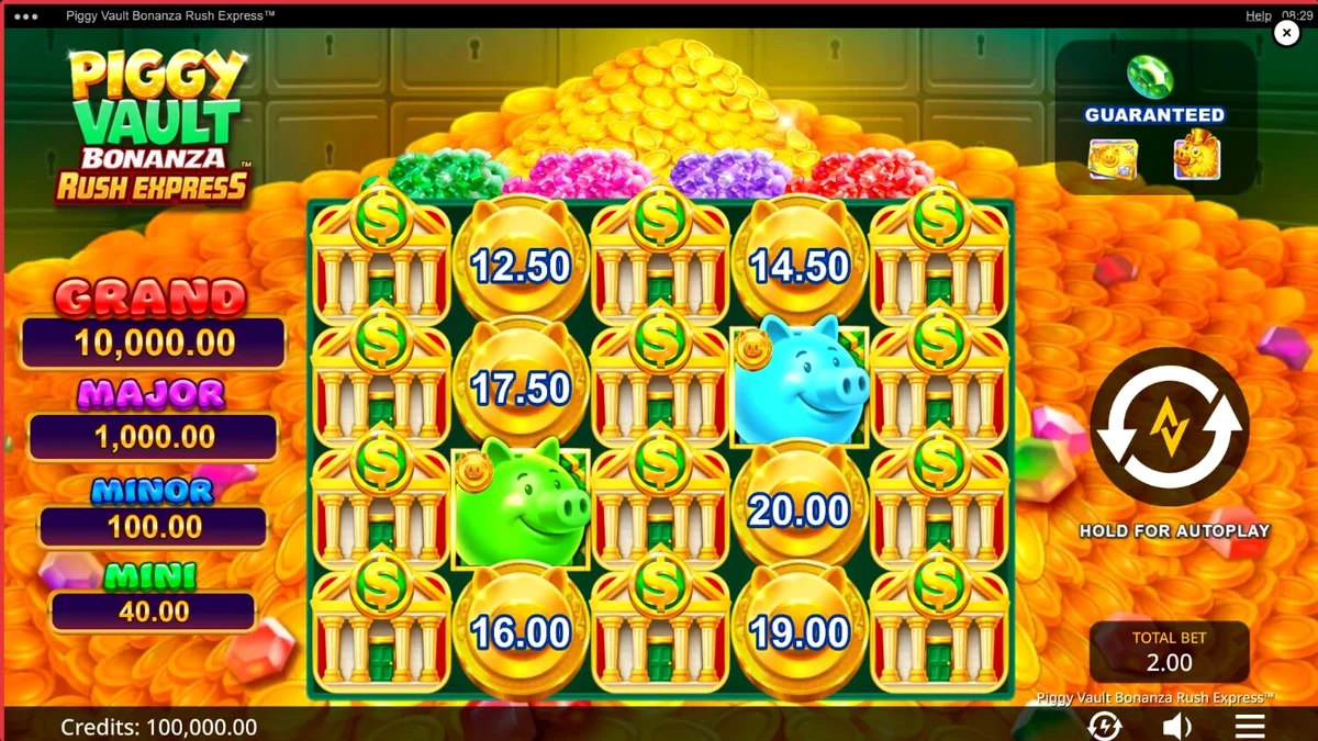 Tampilan visual slot Piggy Vault Bonanza Rush Express dengan tema emas dan brankas