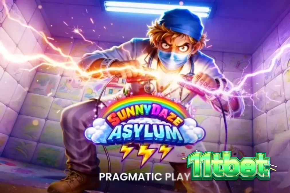 Tampilan visual slot Sunnydaze Asylum dengan tema neon dan rumah sakit.
